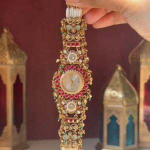 Kashmiri Gold-Plated Temple Jewelry Watch with Ruby & Emerald Stones