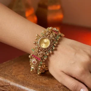 Kashmiri Ethnic Gold Plated Jewelry Style Watch with Stone Work