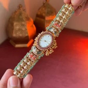 Kashmiri Ethnic Gold Plated Designer Jewelry Watch with Stone & Bead Work