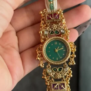 Kashmiri Victorian Gold-Plated Bracelet Watch with Emerald Dial & Ruby Accents