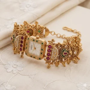 Kashmiri Rectangular Bridal Watch – Maroon Green Royal Design (KW-KSH-REC-006)