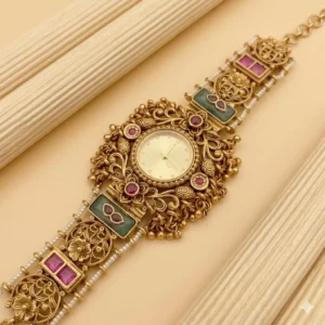 Kashmiri Floral Bridal Watch – Pearl Chain Royal Design (KW-KSH-FLR-007)