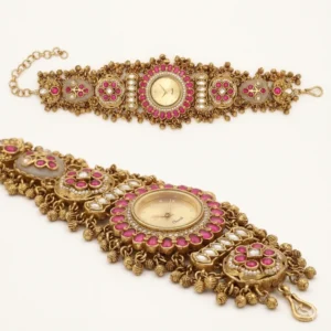 Chuvadi Heritage Gold-Plated Kundan Bracelet Watch – Ruby Pink & Pearl Edition