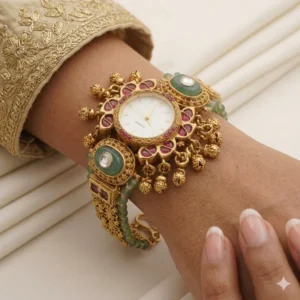 Green Beads Kashmiri Bridal Watch – Floral Royal Design KW-KSH-GRN-010