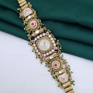 Kashmiri Square Dial Bridal Watch – Pearl & Pink Stone Design(KW-KSH-SQR-003)